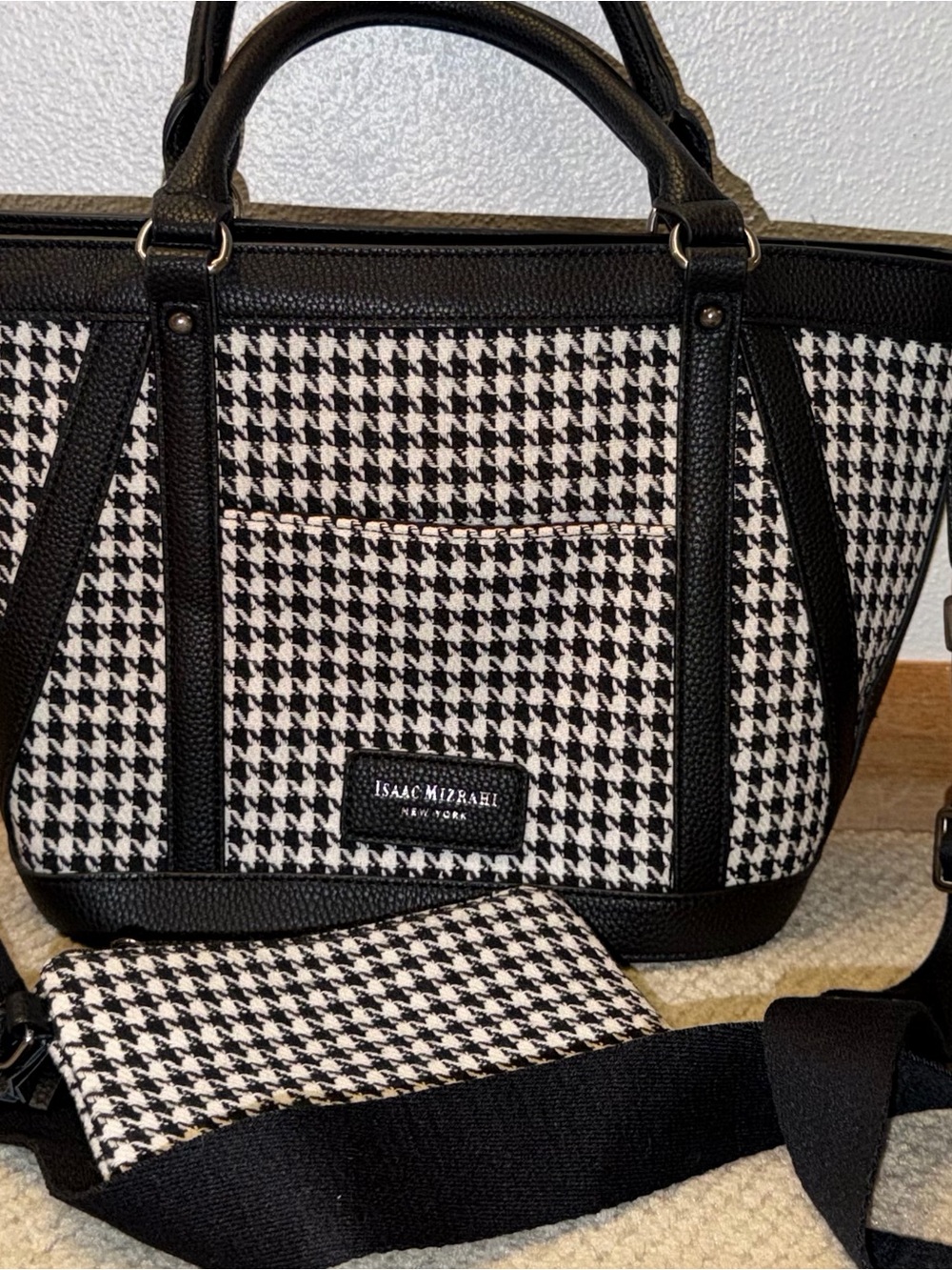Isaac Mizrahi Black & White Houndstooth Tote with Removable Strap